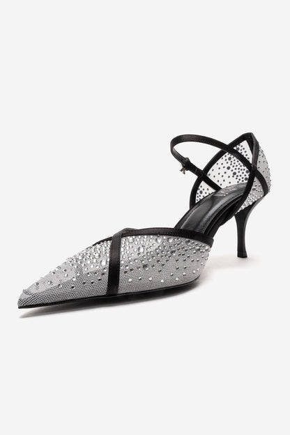 RACHEL - Zapatos de tacón de aguja con adornos de pedrería, malla y satén en cuero genuino blanco y negro (Mujer)