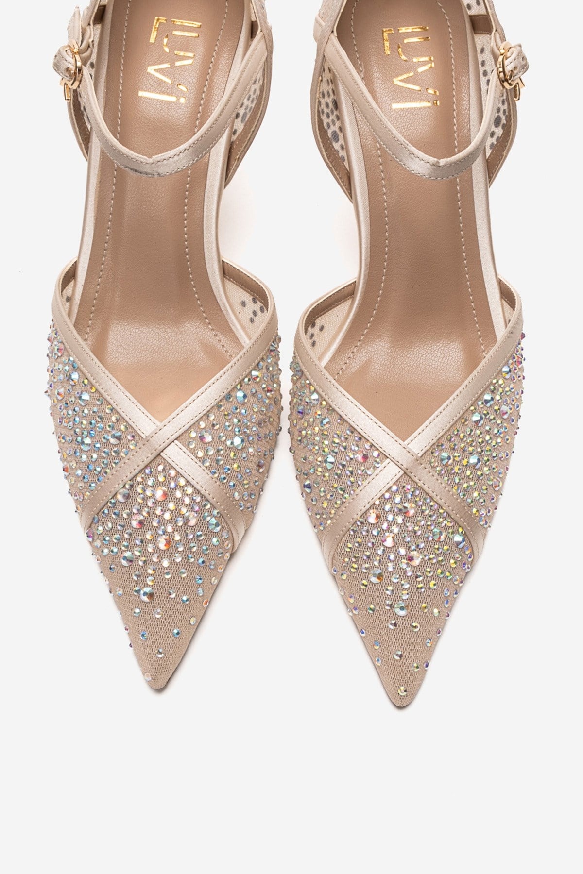 RACHEL - Beige Genuine Leather Satin Stone-Embellished Mesh Stiletto Pump (Women)