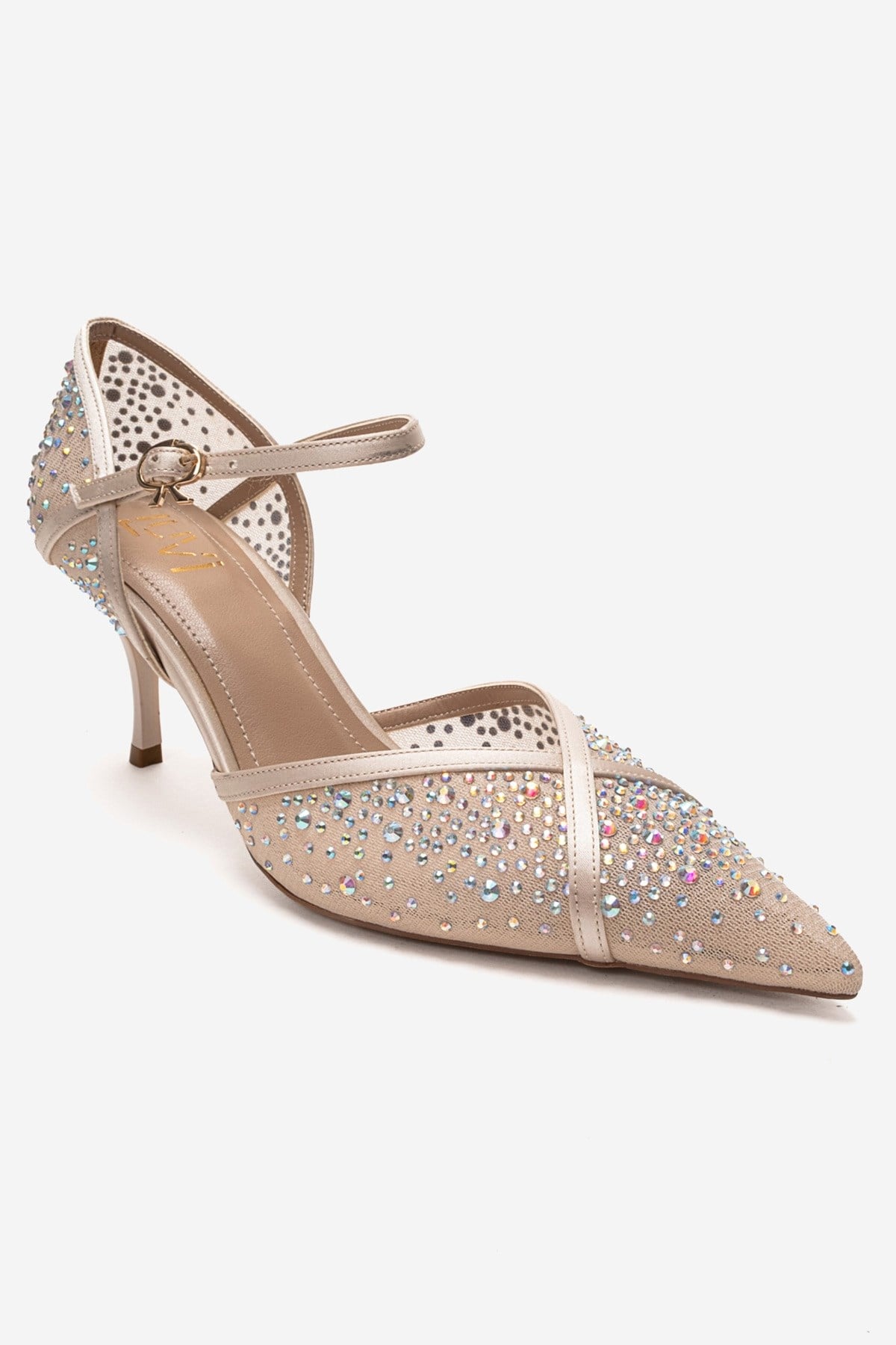 RACHEL - Beige Genuine Leather Satin Stone-Embellished Mesh Stiletto Pump (Women)