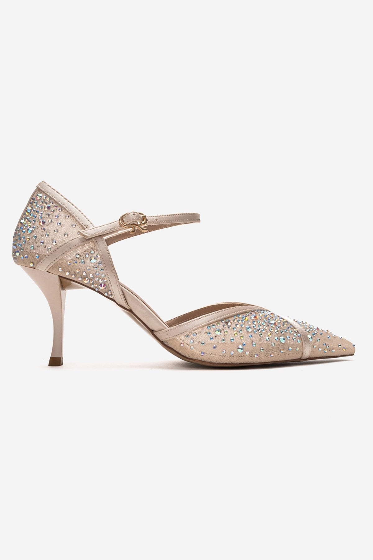 RACHEL - Beige Genuine Leather Satin Stone-Embellished Mesh Stiletto Pump (Women)