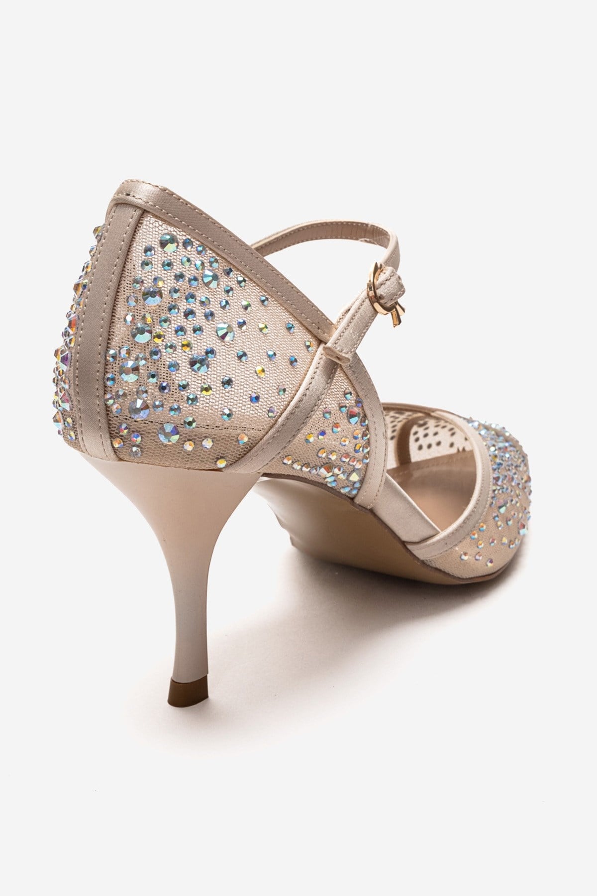 RACHEL - Beige Genuine Leather Satin Stone-Embellished Mesh Stiletto Pump (Women)