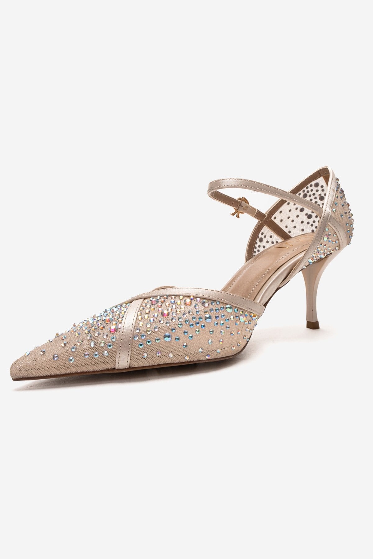 RACHEL - Beige Genuine Leather Satin Stone-Embellished Mesh Stiletto Pump (Women)