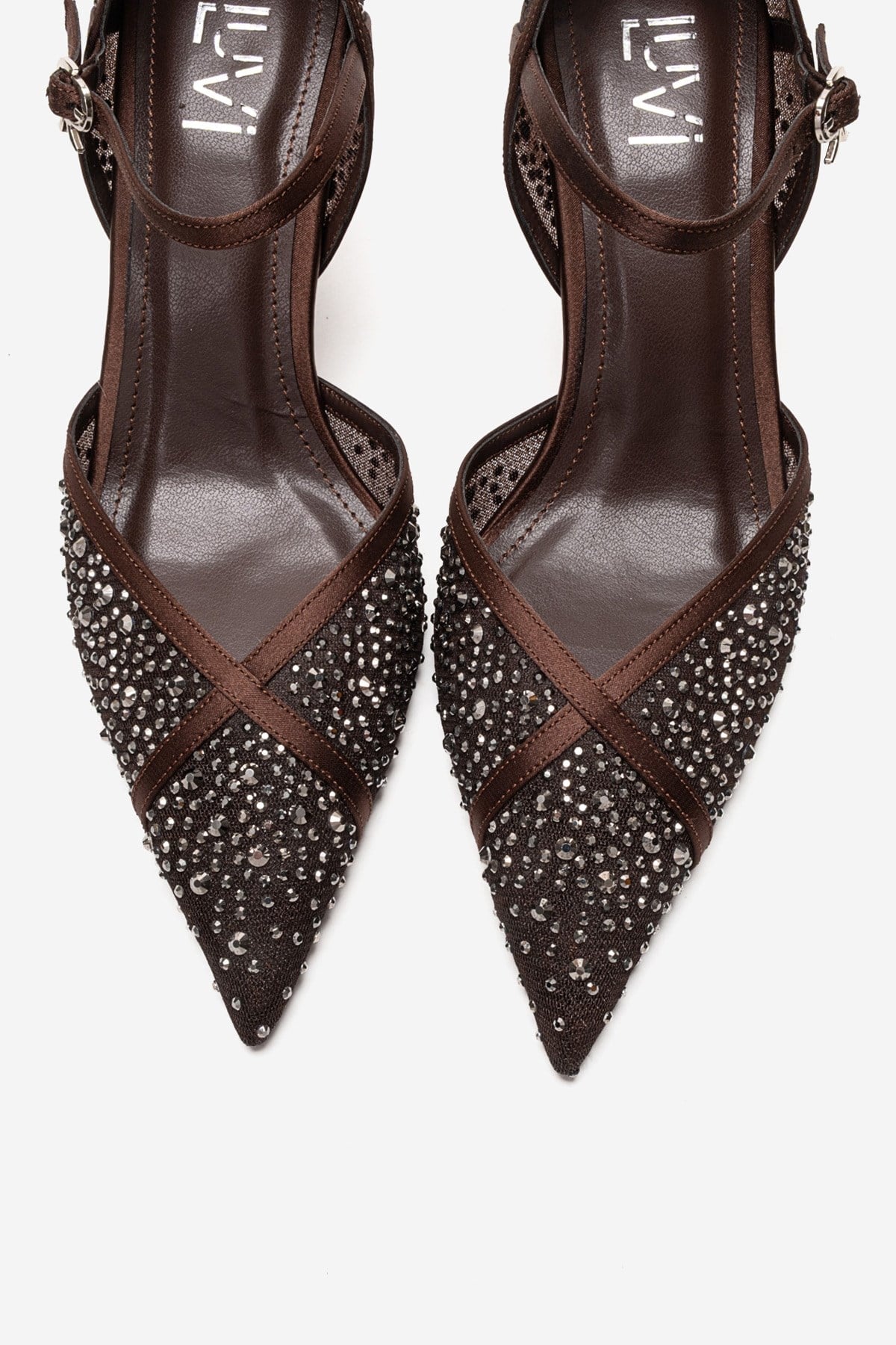 RACHEL - Brown Genuine Leather Satin Stone-Embellished Mesh Stiletto Pump (Women)