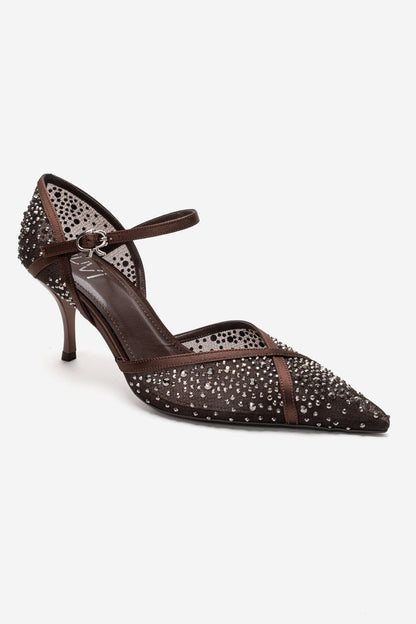 RACHEL - Brown Genuine Leather Satin Stone-Embellished Mesh Stiletto Pump (Women)