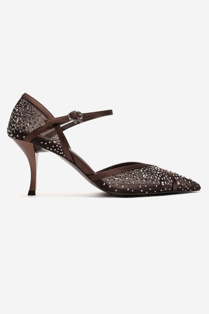 RACHEL - Brown Genuine Leather Satin Stone-Embellished Mesh Stiletto Pump (Women)