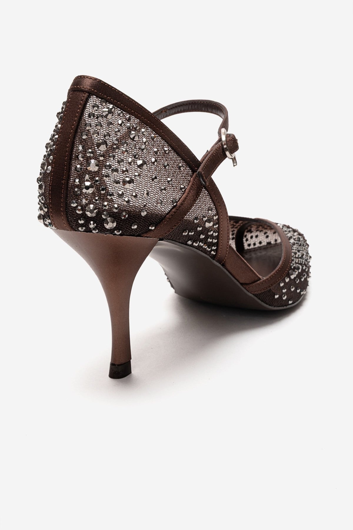 RACHEL - Brown Genuine Leather Satin Stone-Embellished Mesh Stiletto Pump (Women)