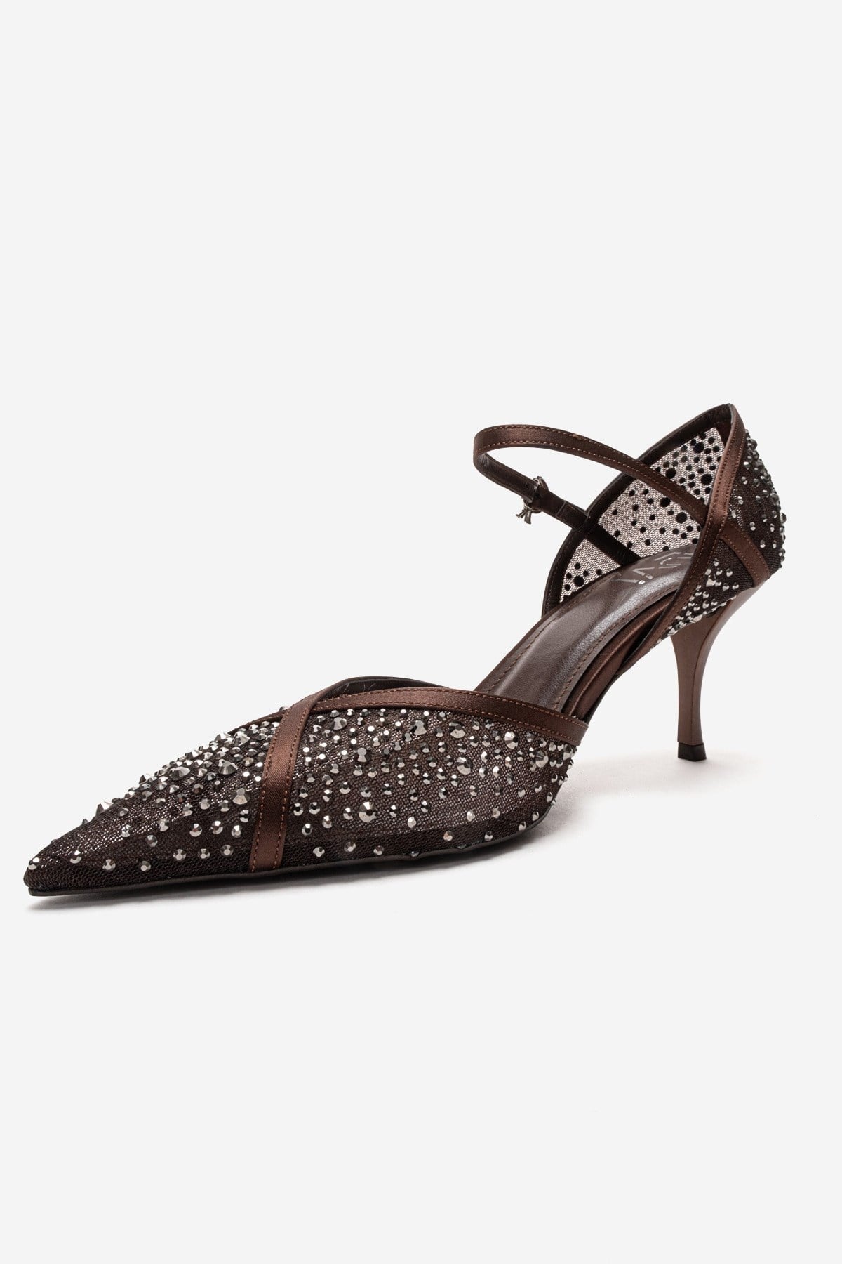 RACHEL - Brown Genuine Leather Satin Stone-Embellished Mesh Stiletto Pump (Women)