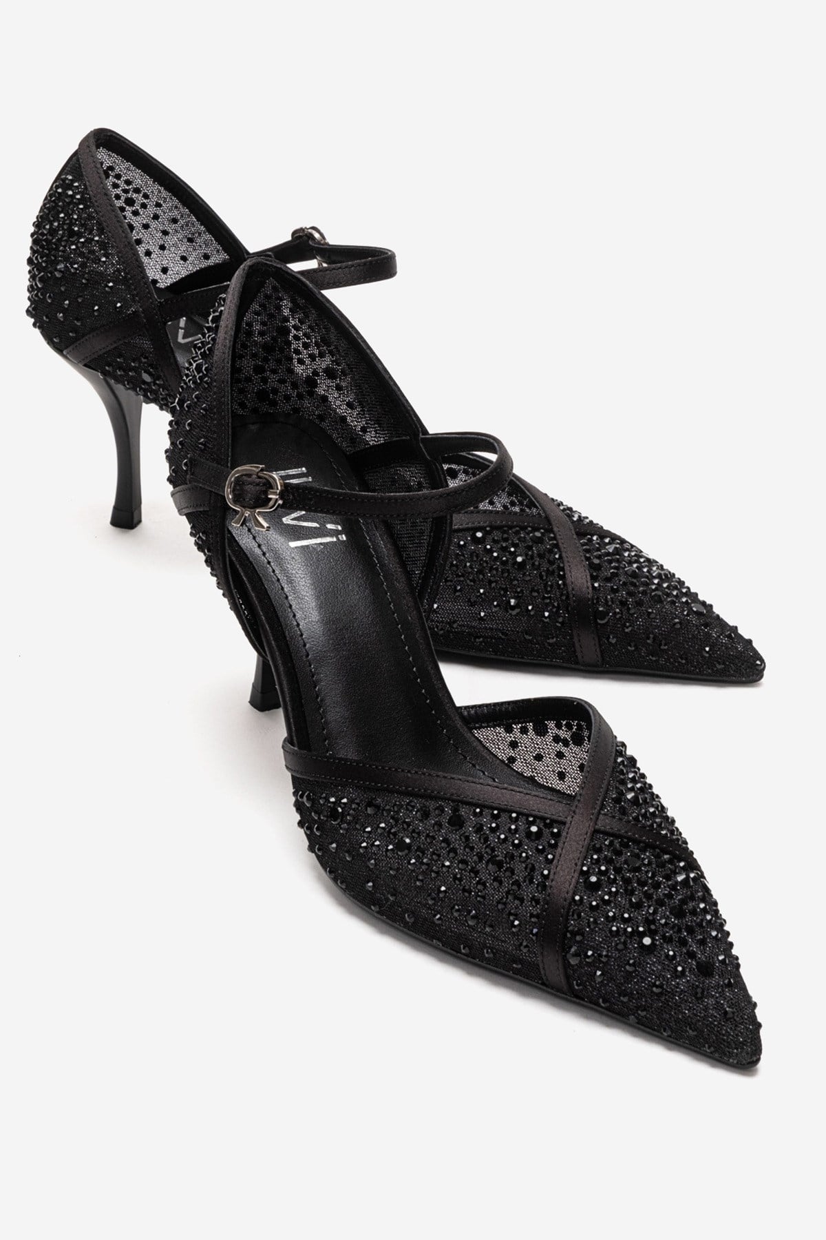 RACHEL - Black Genuine Leather Satin Stone-Embellished Mesh Stiletto Pump (Women)