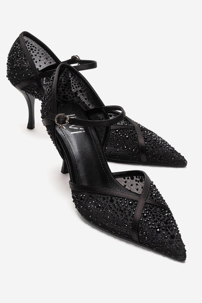 RACHEL - Black Genuine Leather Satin Stone-Embellished Mesh Stiletto Pump (Women)