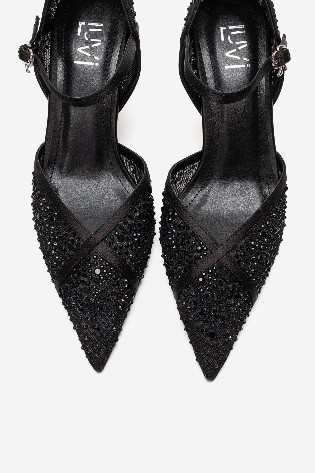 RACHEL - Black Genuine Leather Satin Stone-Embellished Mesh Stiletto Pump (Women)