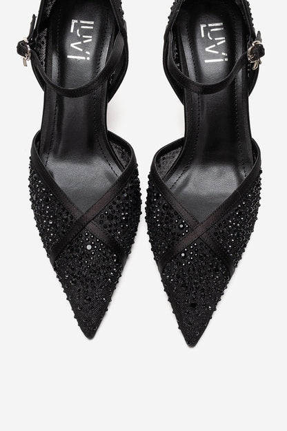 RACHEL - Black Genuine Leather Satin Stone-Embellished Mesh Stiletto Pump (Women)