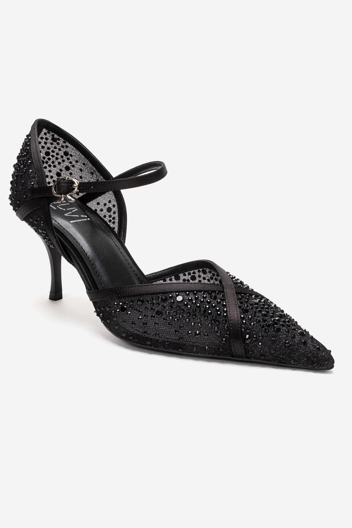 RACHEL - Black Genuine Leather Satin Stone-Embellished Mesh Stiletto Pump (Women)