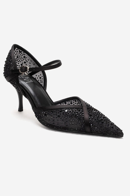 RACHEL - Black Genuine Leather Satin Stone-Embellished Mesh Stiletto Pump (Women)