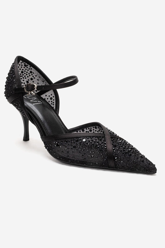 RACHEL - Zapatos de tacón de aguja de malla con detalles de pedrería y satén de cuero genuino negro (Mujer)