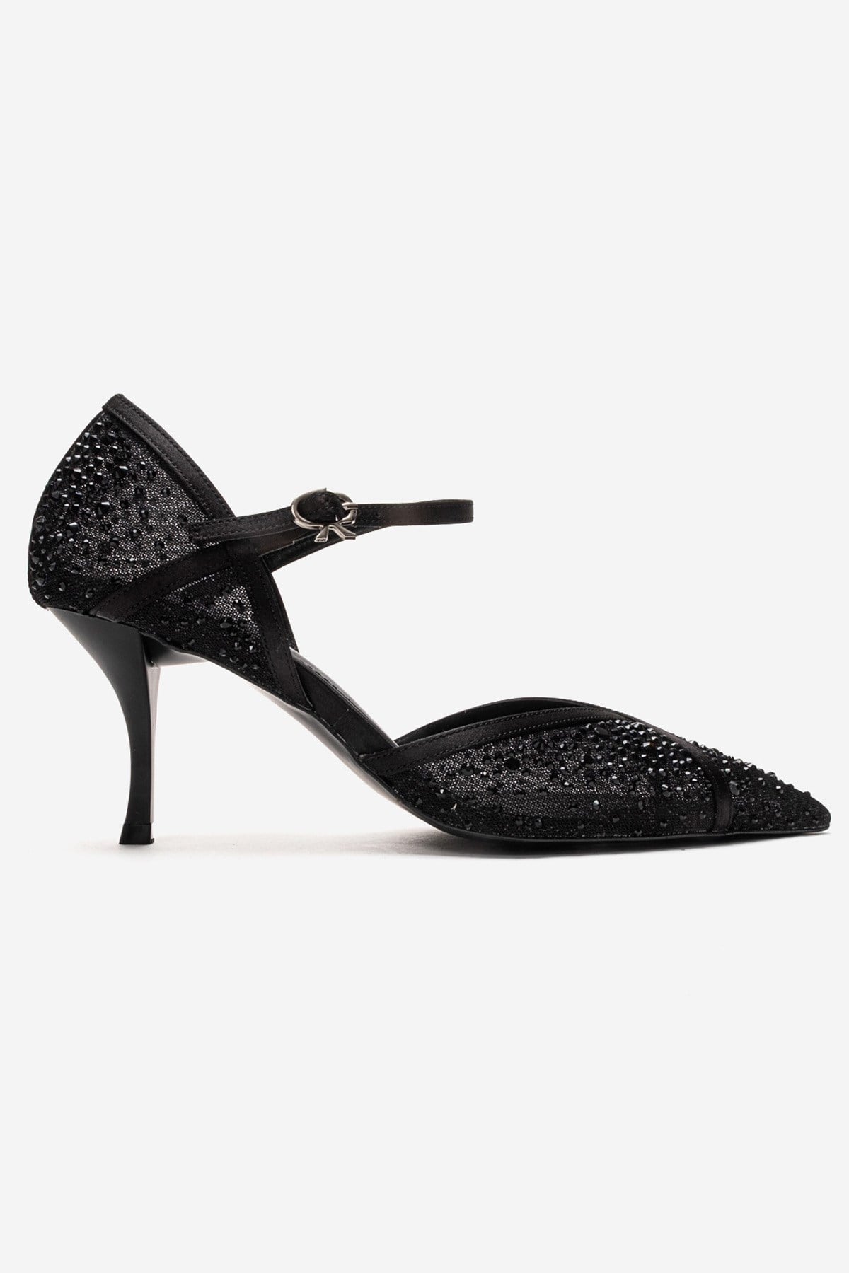 RACHEL - Black Genuine Leather Satin Stone-Embellished Mesh Stiletto Pump (Women)