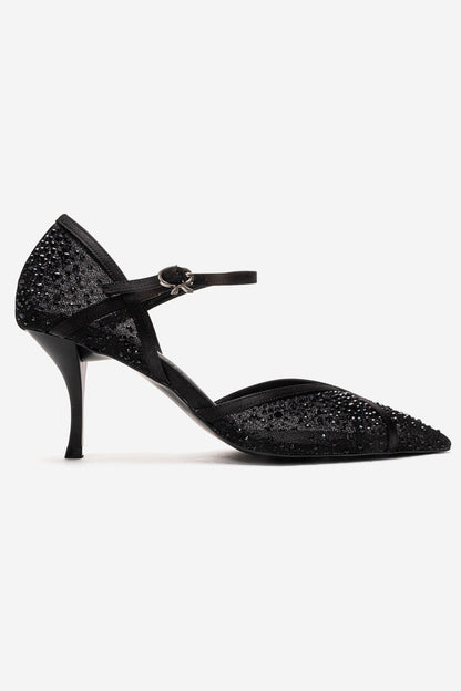 RACHEL - Black Genuine Leather Satin Stone-Embellished Mesh Stiletto Pump (Women)