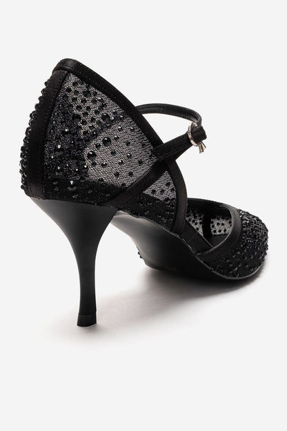 RACHEL - Black Genuine Leather Satin Stone-Embellished Mesh Stiletto Pump (Women)