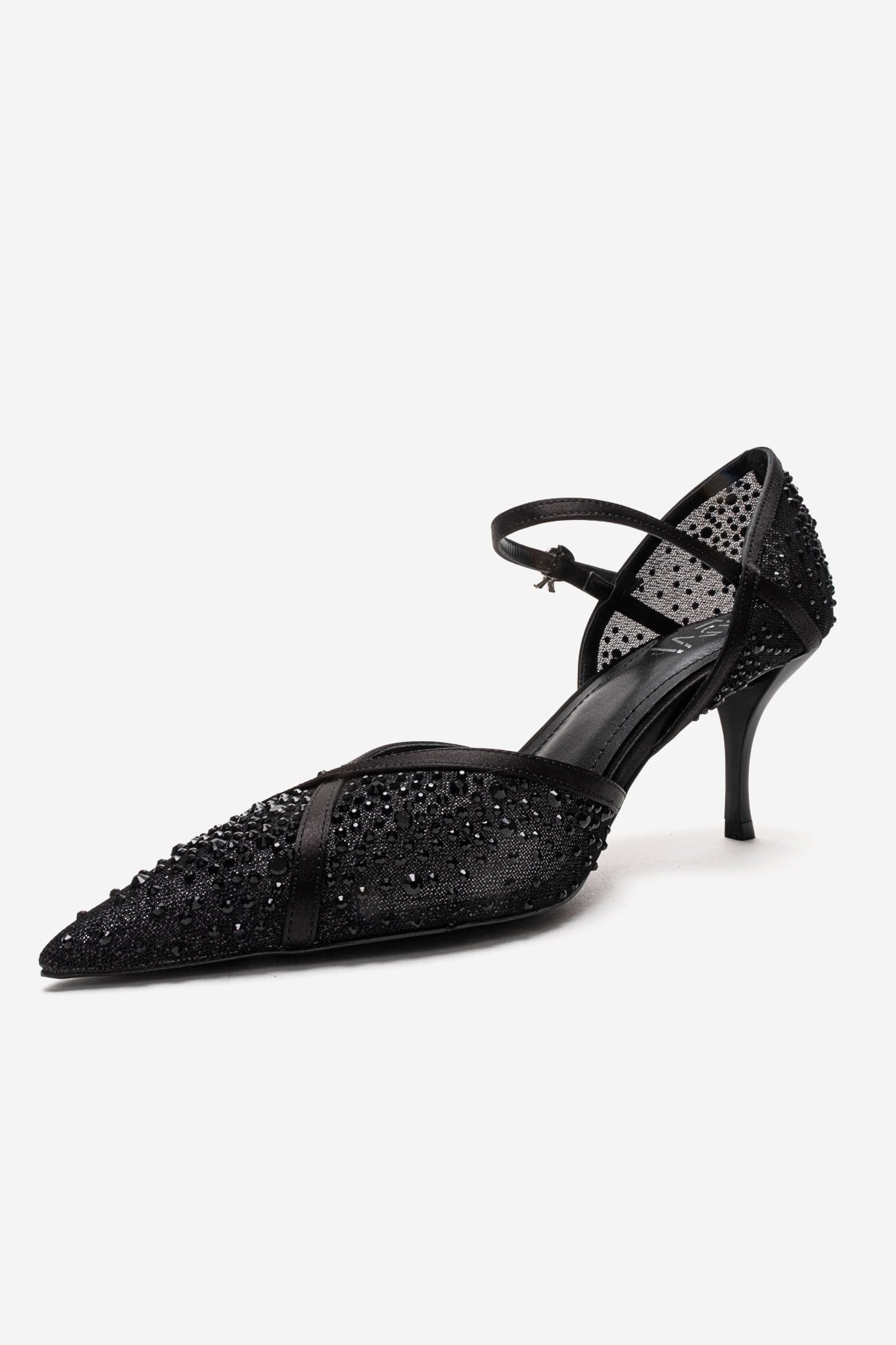 RACHEL - Black Genuine Leather Satin Stone-Embellished Mesh Stiletto Pump (Women)