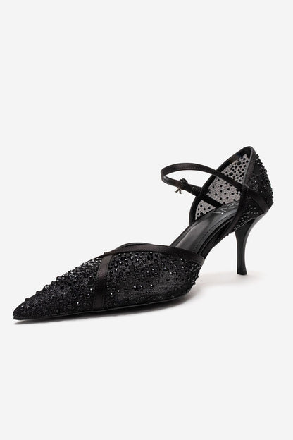 RACHEL - Black Genuine Leather Satin Stone-Embellished Mesh Stiletto Pump (Women)