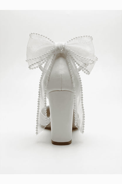 Elvienne Pointed Toe Bow Detail Block Heel Bridal Sandals