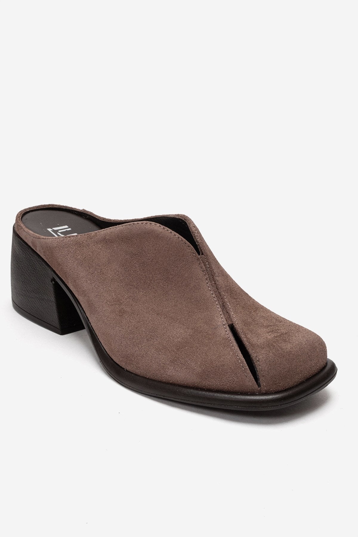 Ardent - Mula de tacón de bloque de cuero genuino color topo (Mujer)