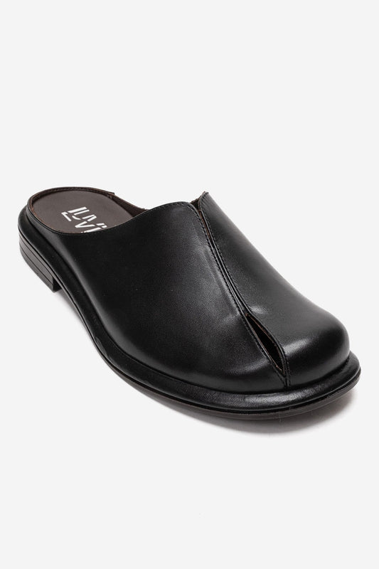 Tansy - Mules de tacón bajo con punta cerrada de cuero genuino negro (mujer)