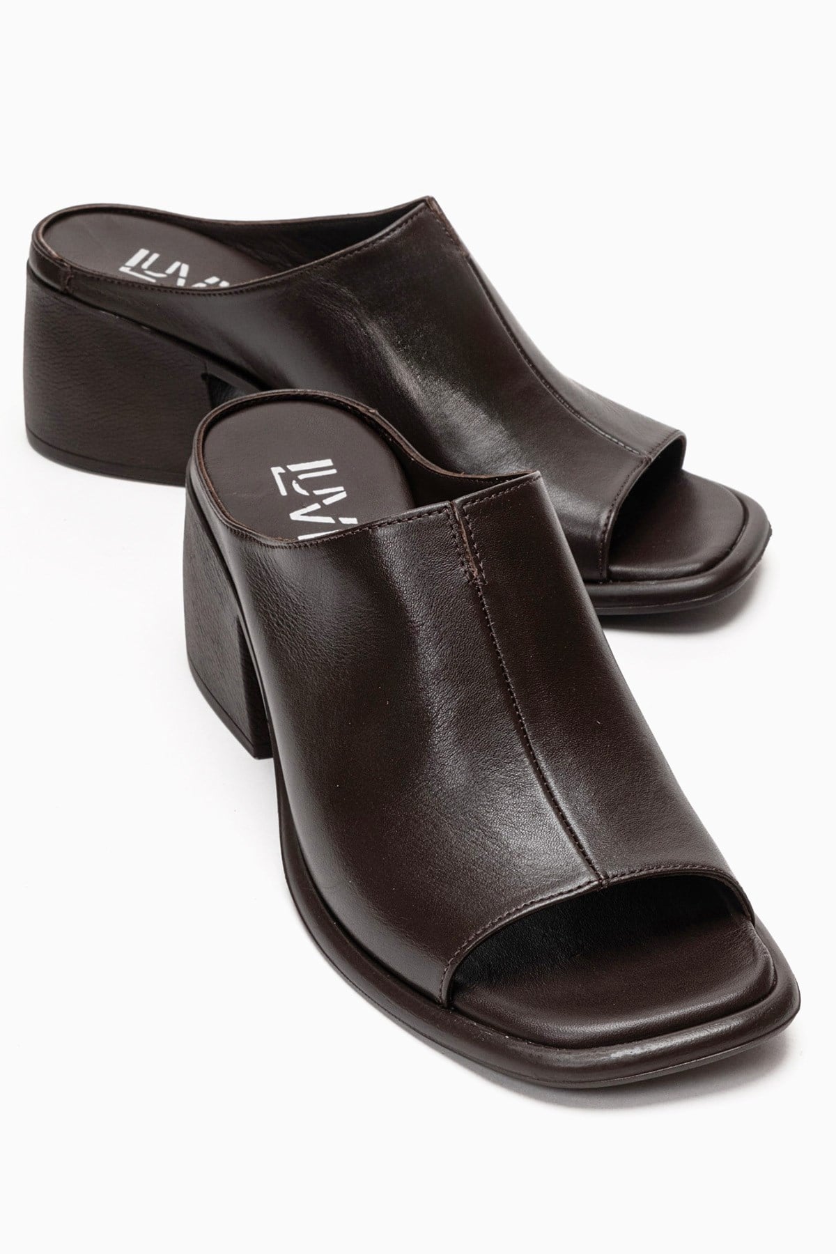 SOREX - Brown Genuine Leather Block Heel Slide (Women)