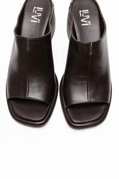SOREX - Brown Genuine Leather Block Heel Slide (Women)