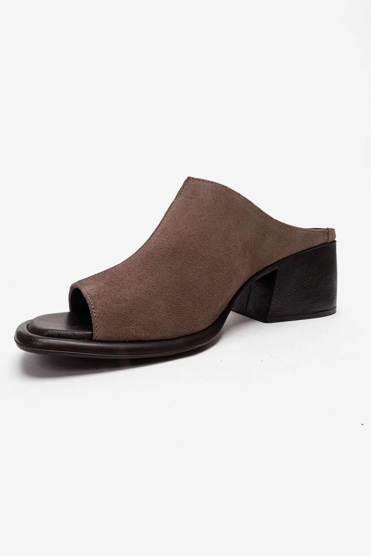 SOREX - Sandalia con tacón de bloque de cuero de ante genuino color topo (Mujer)