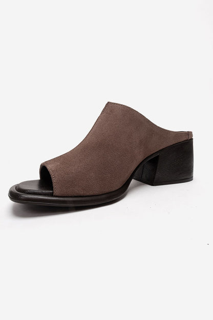 SOREX - Sandalia con tacón de bloque de cuero de ante genuino color topo (Mujer)