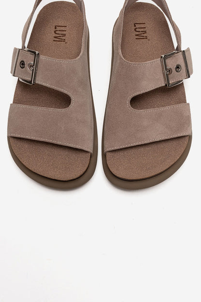 JALVEN - Sandalia de Piel Genuina Color Topo (Mujer)