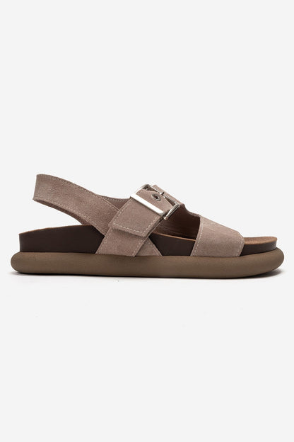 JALVEN - Sandalia de Piel Genuina Color Topo (Mujer)
