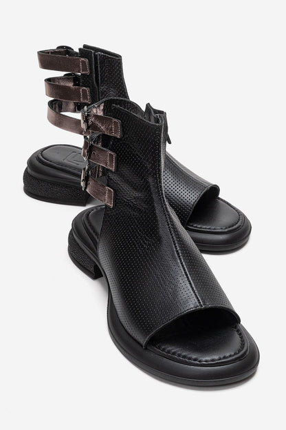 Carina - Sandalia de cuero auténtico negro con cremallera lateral (mujer)