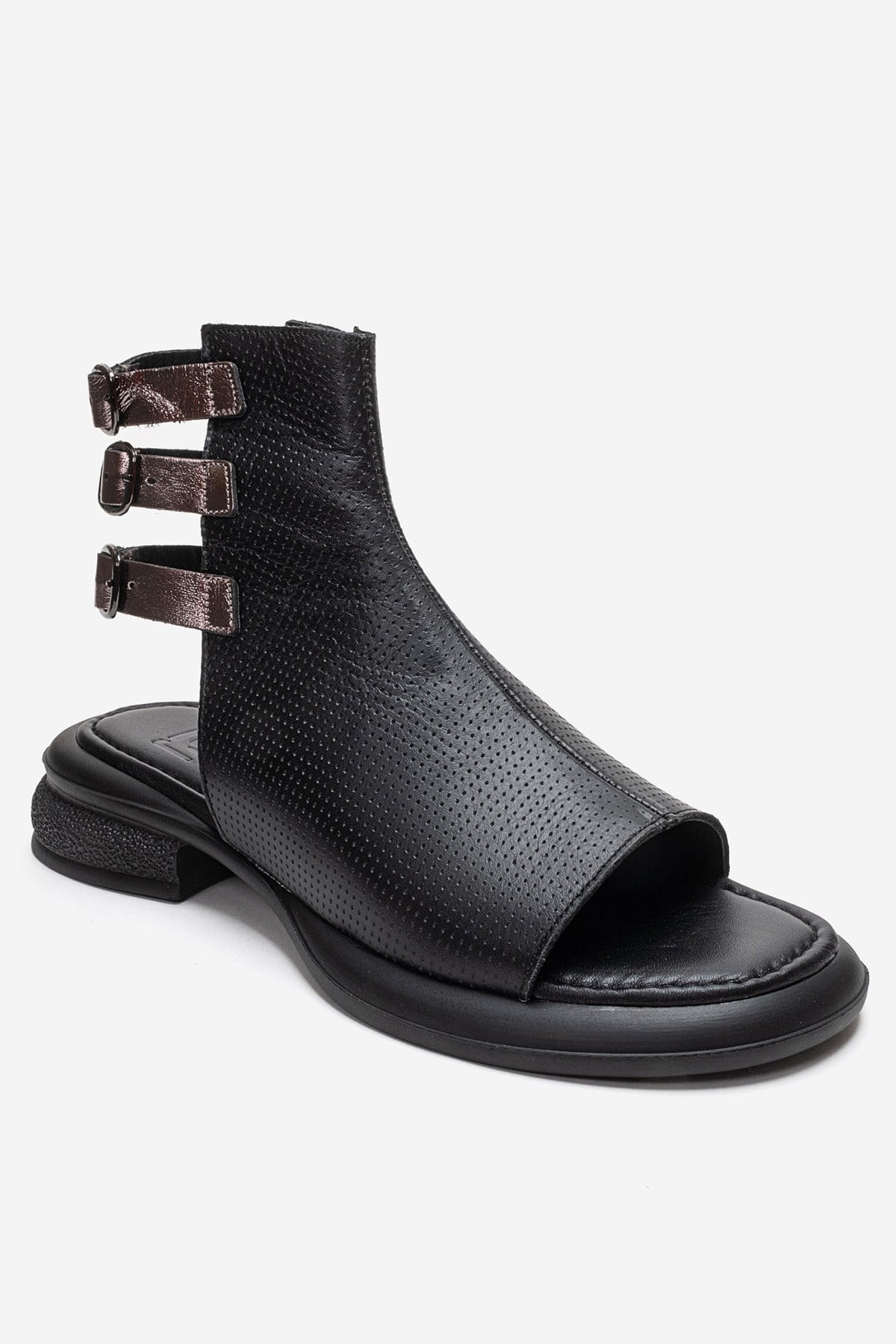 Carina - Sandalia de cuero auténtico negro con cremallera lateral (mujer)