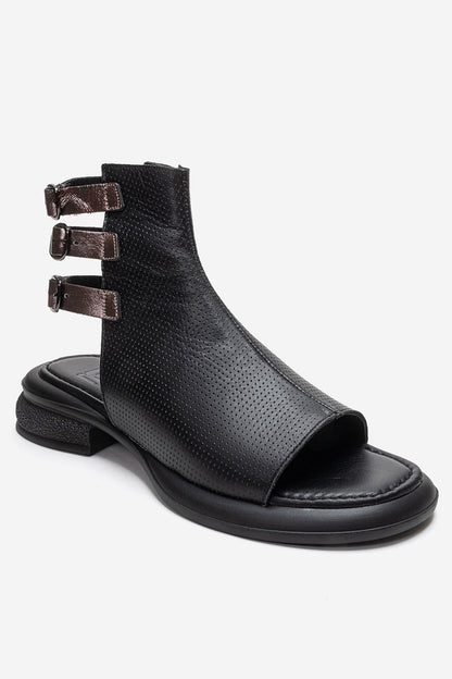Carina - Sandalia de cuero auténtico negro con cremallera lateral (mujer)