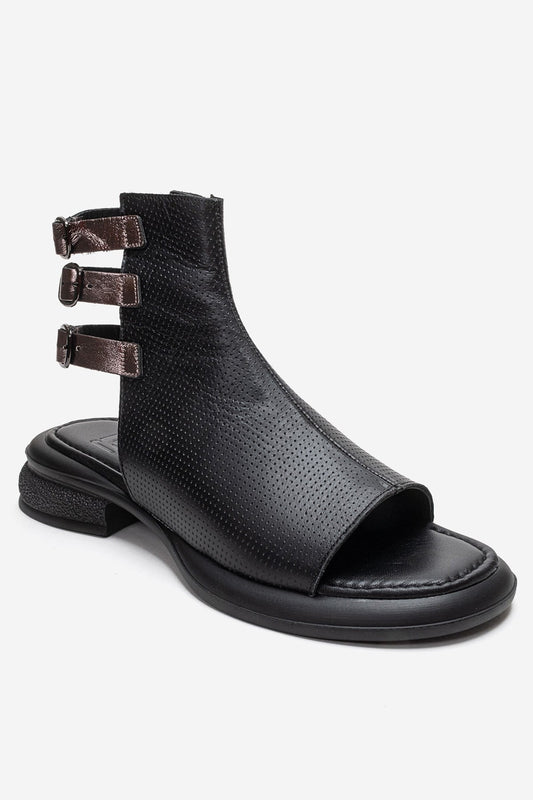 Carina - Black Genuine Leather Side-Zip Sandal (Women)
