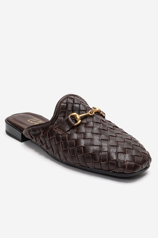 SENIA - Brown Genuine Leather Buckle Front Closed Mule (Women)