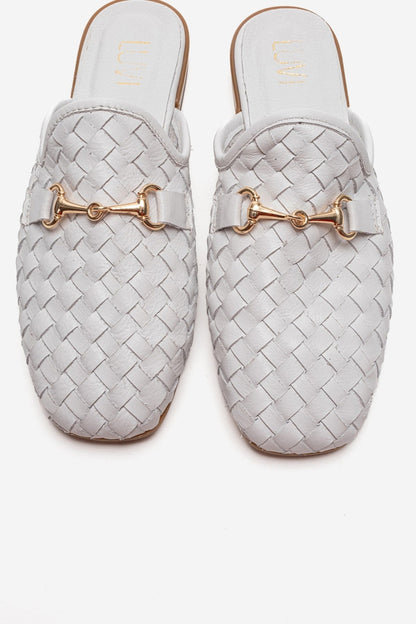 SENIA - White Genuine Leather Buckle Front Closed Mule (Women)