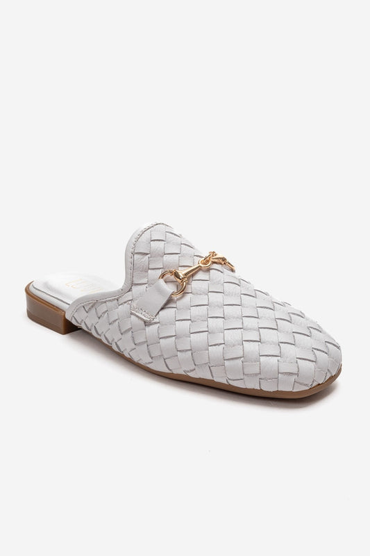 SENIA - White Genuine Leather Buckle Front Closed Mule (Women)
