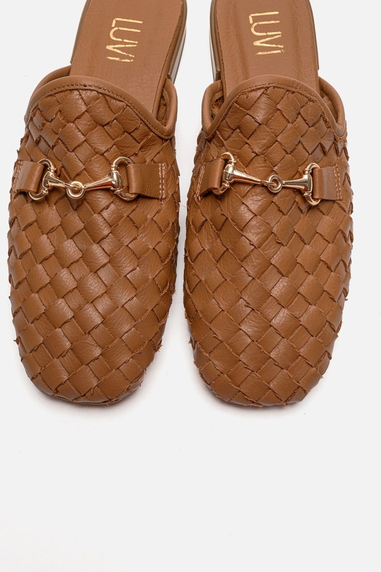 SENIA - Cognac Genuine Leather Buckle Front Closed Mule (Women)