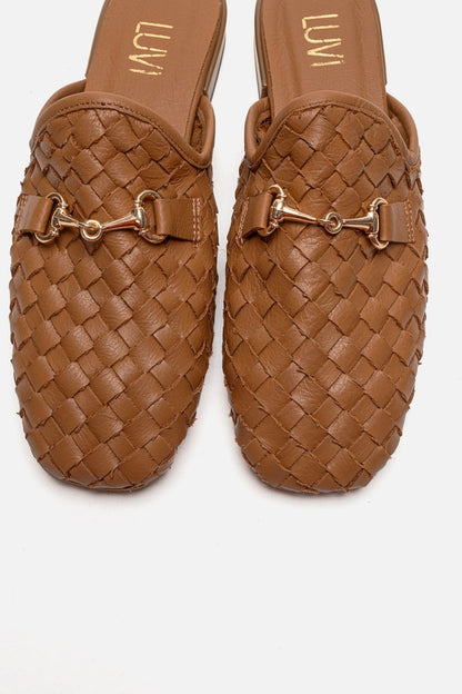 SENIA - Cognac Genuine Leather Buckle Front Closed Mule (Women)