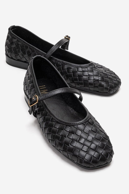 YEVORA - Black Genuine Leather Mary Jane Ballet Flat (Women)