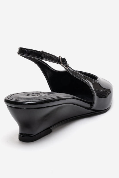 ROSELLA - Zapatos de tacón bajo negros de charol, tacón de bloque, cuero genuino (Mujer)