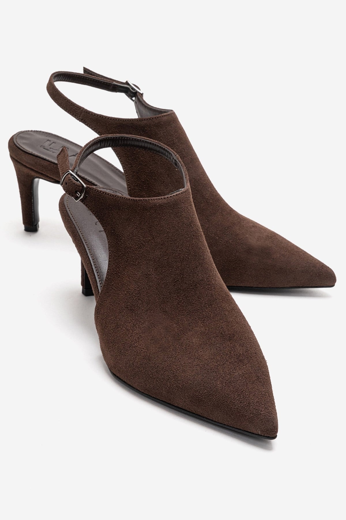 ROSALIE - Zapatilla de tacón de aguja de punta fina color marrón, cuero genuino (Mujer)