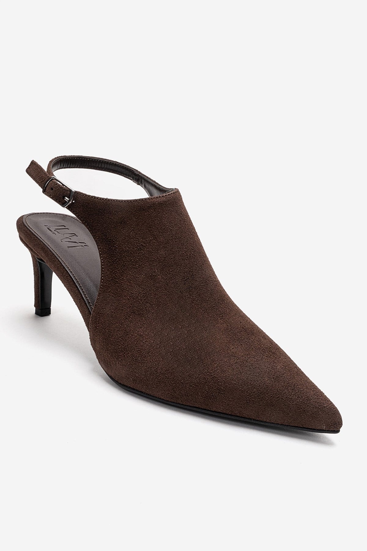 ROSALIE - Zapatilla de tacón de aguja de punta fina color marrón, cuero genuino (Mujer)