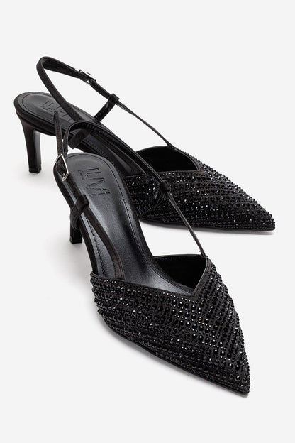 ELODIE - Black Gem-Embellished Thin Heel Stiletto Pump Genuine Leather (Women)