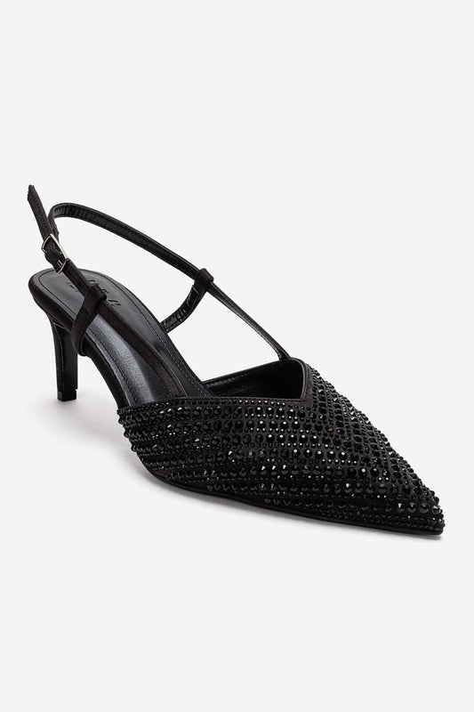 ELODIE - Stilettos de tacón fino adornados con gemas negras de piel auténtica (Mujer)