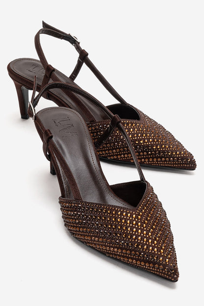 ELODIE - Stiletto de tacón fino con gemas en piel genuina color marrón (Mujer)