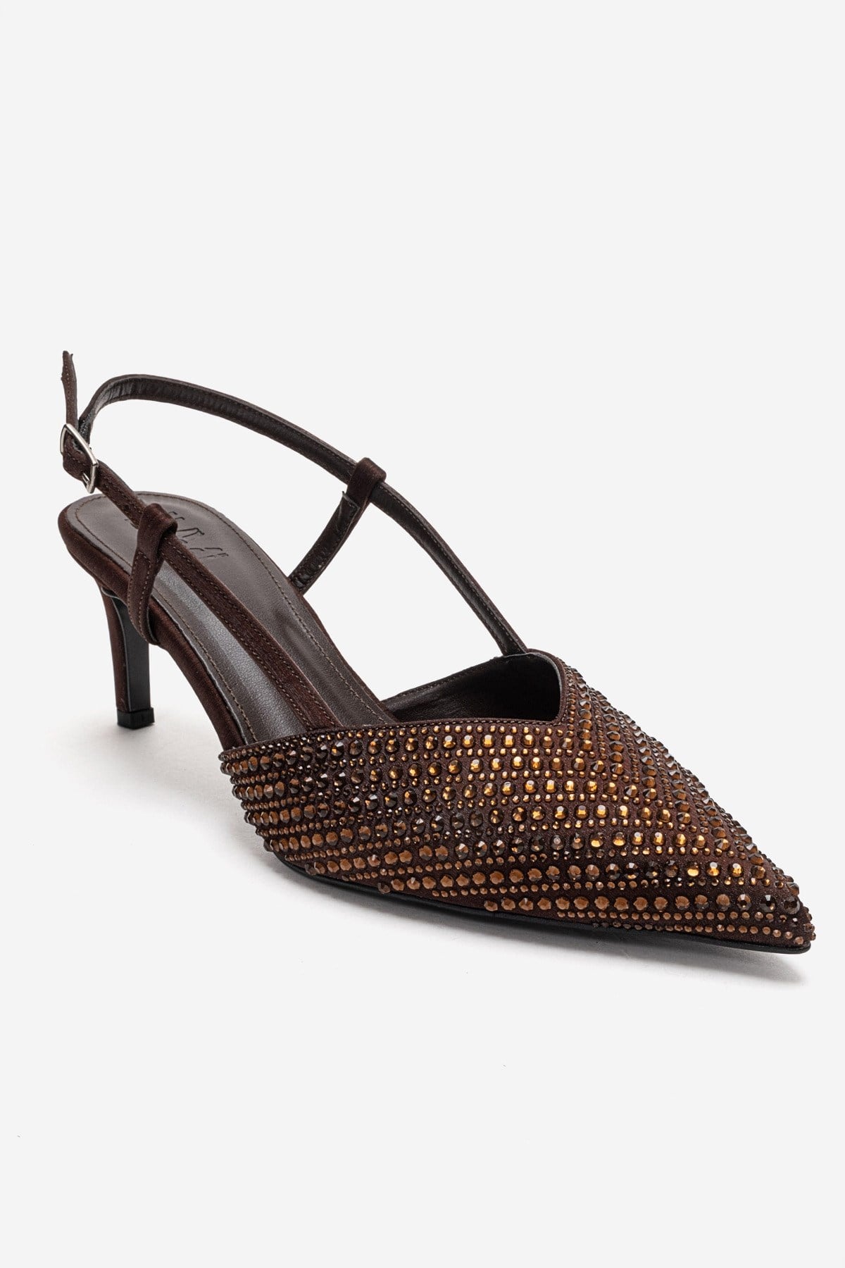 ELODIE - Stiletto de tacón fino con gemas en piel genuina color marrón (Mujer)