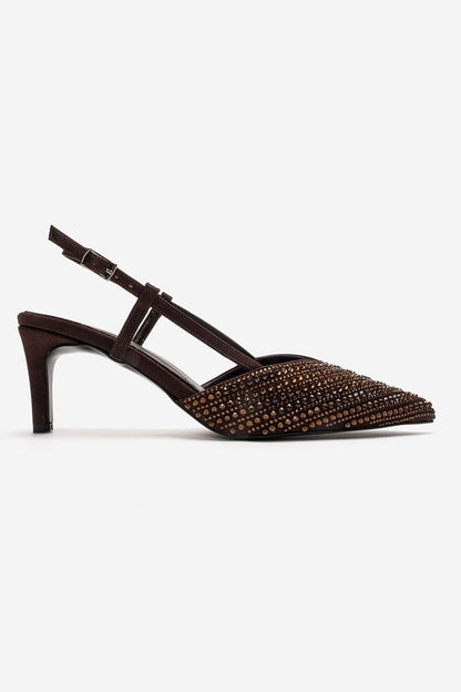 ELODIE - Stiletto de tacón fino con gemas en piel genuina color marrón (Mujer)